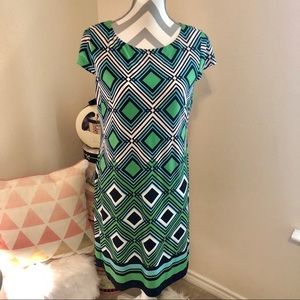 Jessica Howard Green & Navy Diamond Geometric Pattern Short Sleeve Shift Dress M